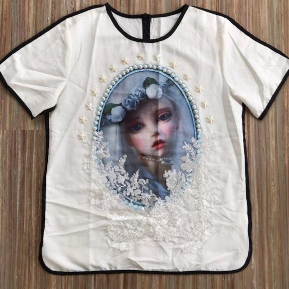 Harajuku Chiffon Blouse Top Dollfie Face Anime T-shirt with Faux Pearl Beads - Picture 2 of 4